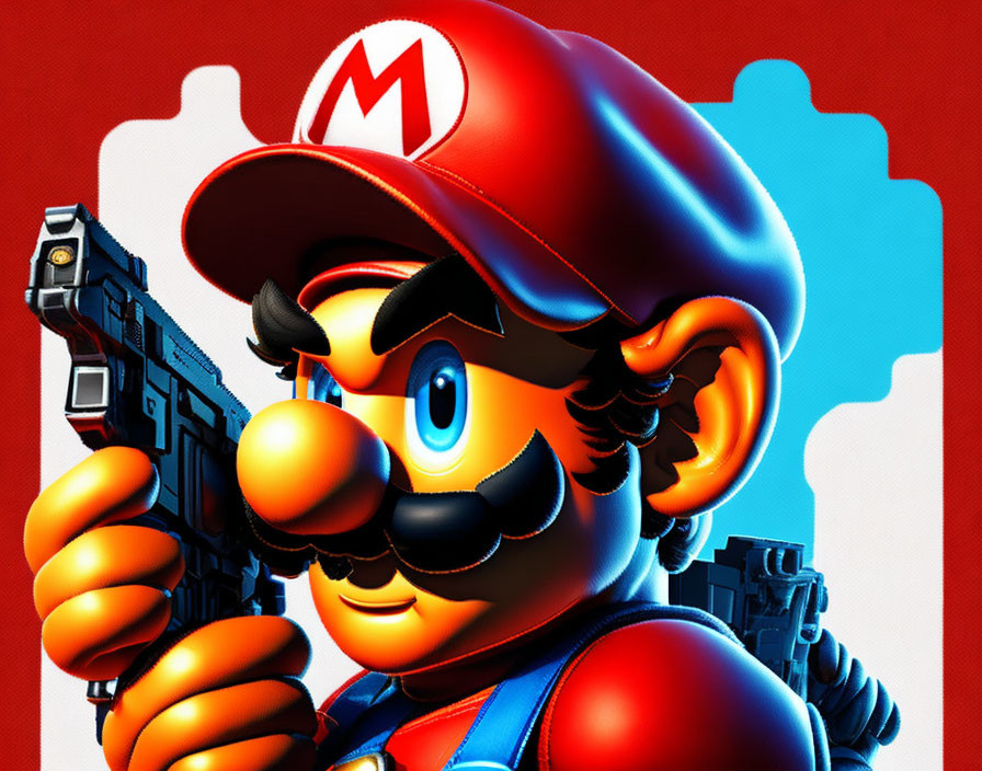 Illustrated Mario with stern expression holding gun on red and blue puzzle background