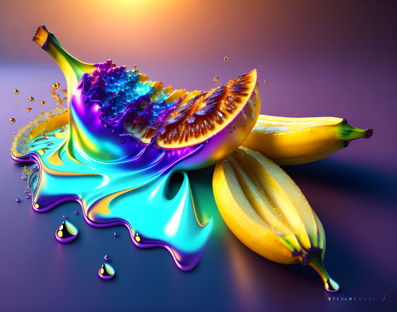 Colorful artistic rendering of bananas in paint splash on purple background