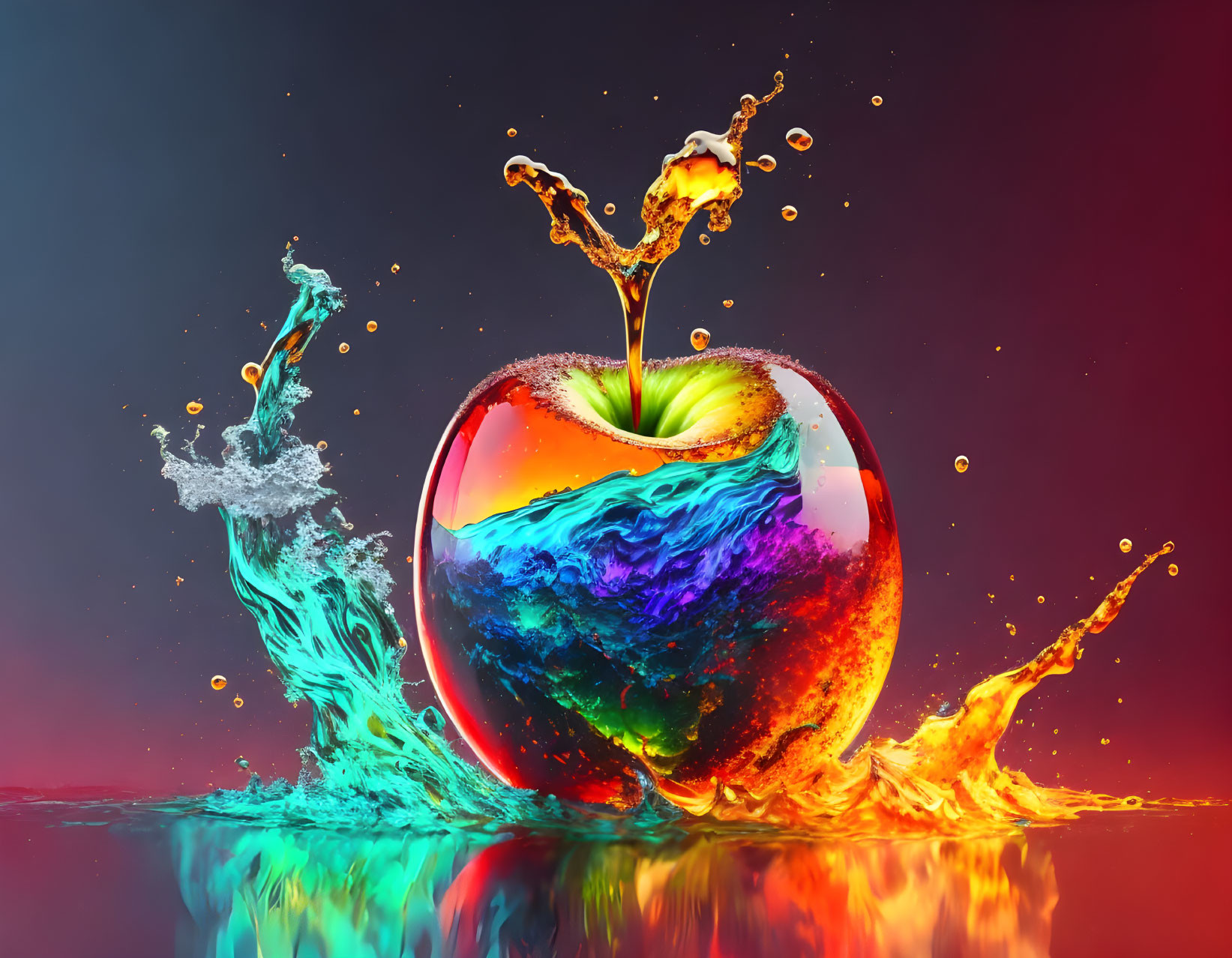 Colorful Rainbow Gradient Apple with Water and Fire Splashes on Red and Blue Background