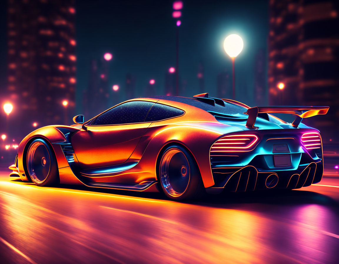 Sleek futuristic sports car with glowing accents in neon-lit cityscape