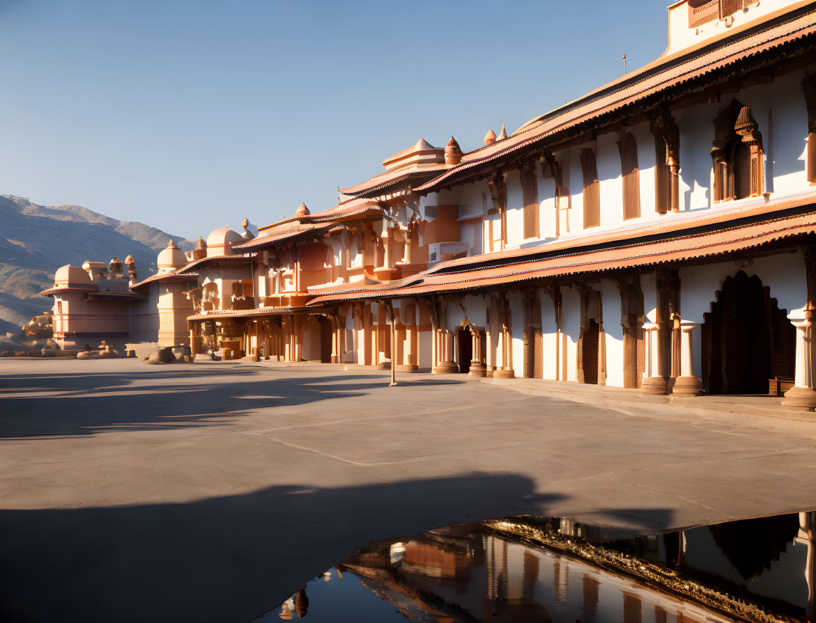 Traditional Indian Architecture with Ornate Pillars and Terracotta Facade at Sunset