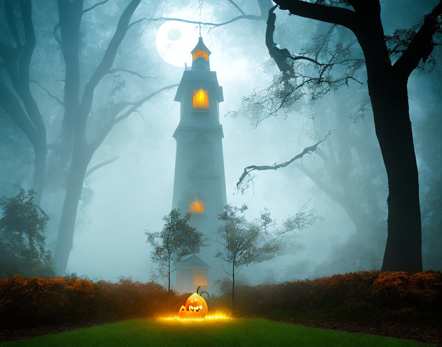 White Tower in Foggy Forest with Jack-o'-lantern at Full Moon