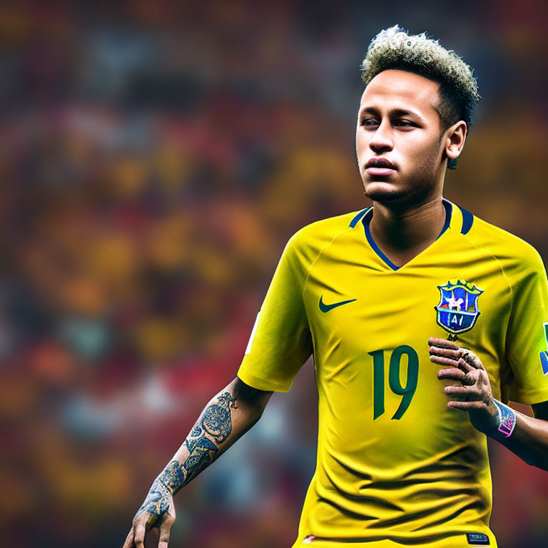 Yellow Brazilian Jersey Number 19 Soccer Player with Tattoos in Stadium Setting