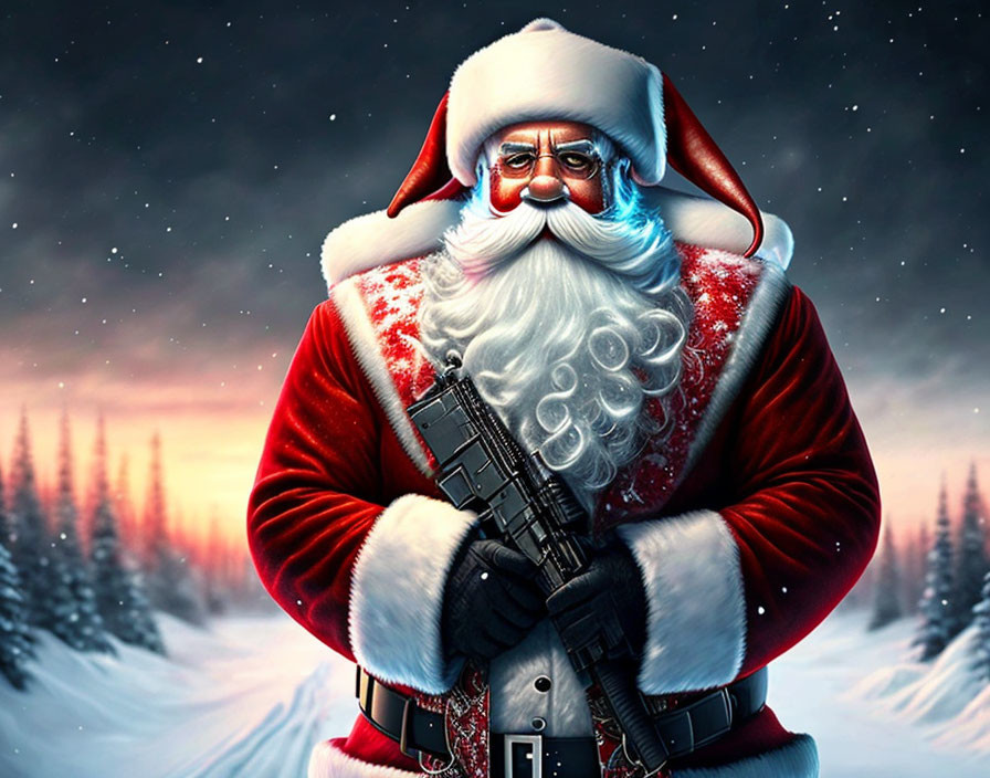 Digital Artwork: Santa Claus with Rifle in Snowy Forest