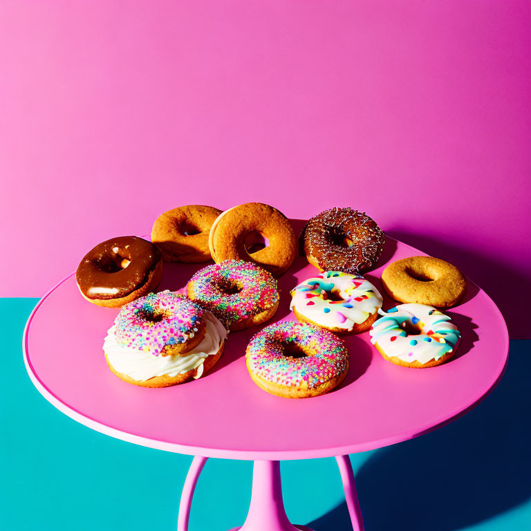 Colorful Donuts with Various Toppings on Pink Table