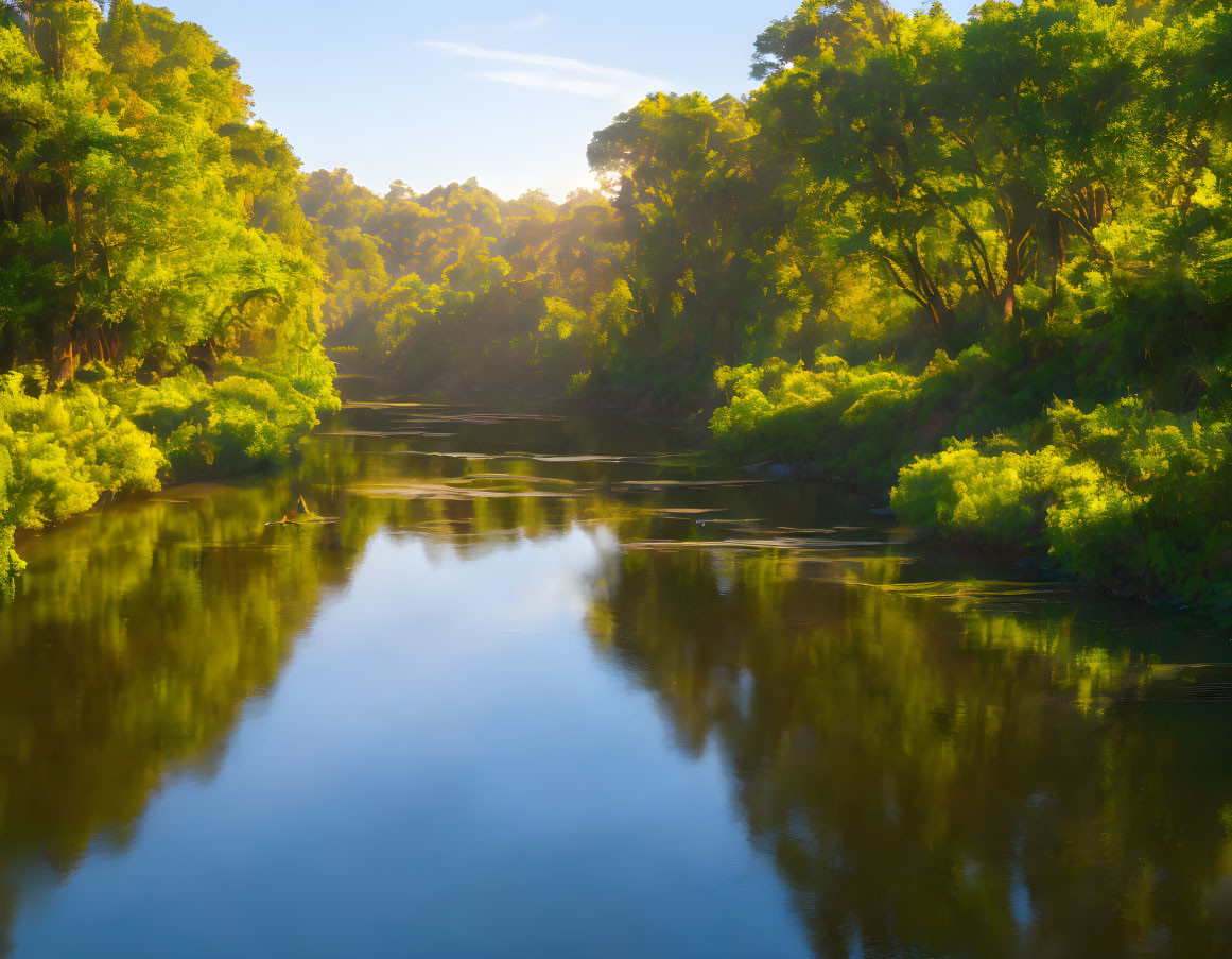 Tranquil river in lush forest with sunlight reflections