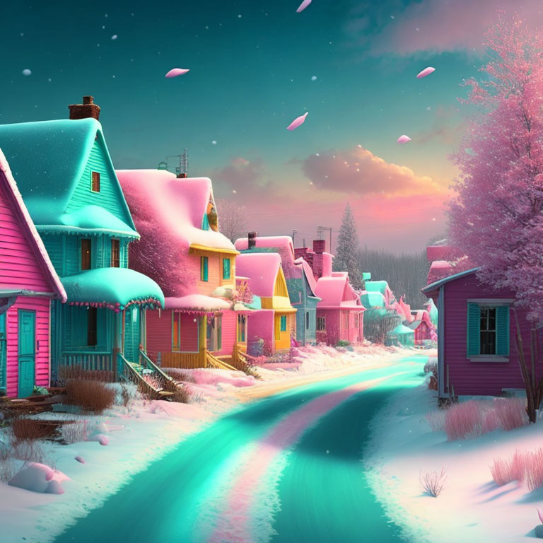 Vibrant village scene with pink sky, snow-covered rooftops, and blue path