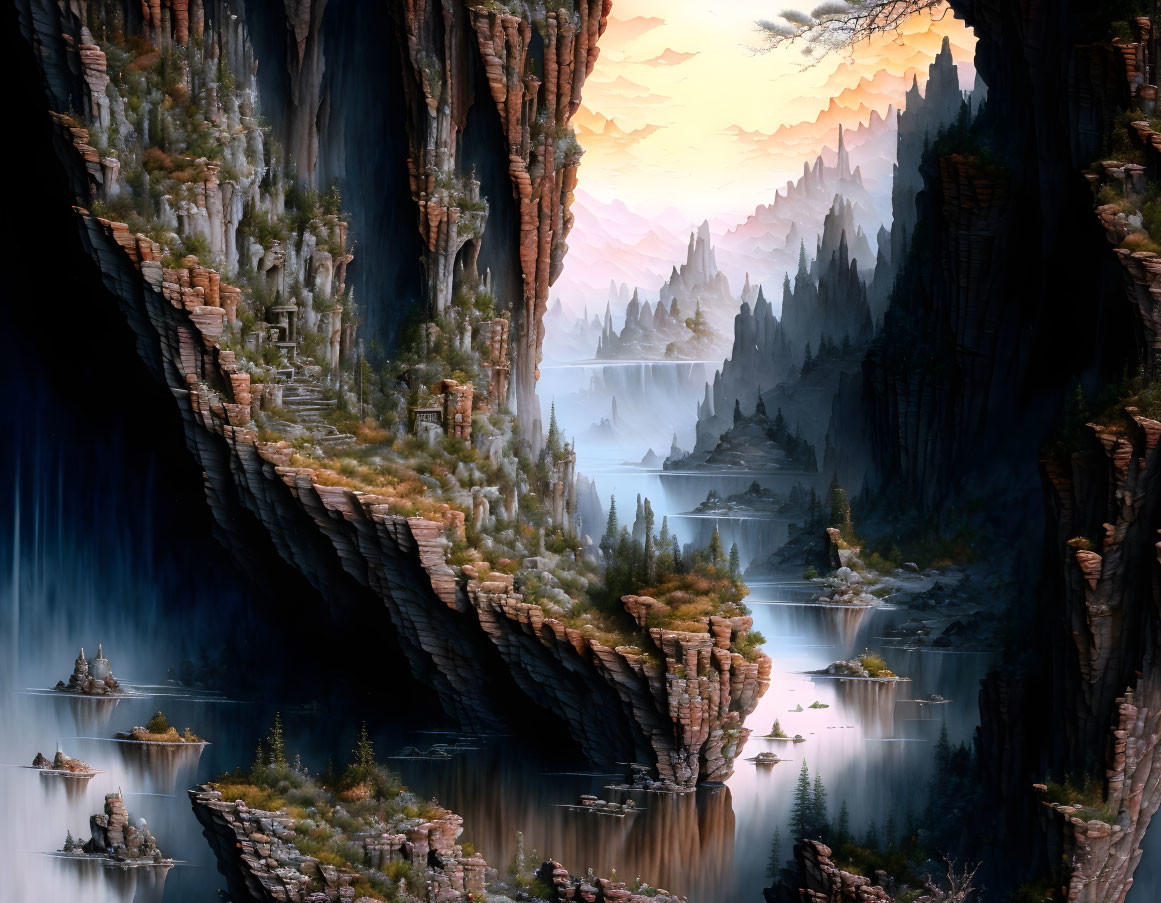 Mystical canyon with steep cliffs, serene river, pine trees, glowing sun