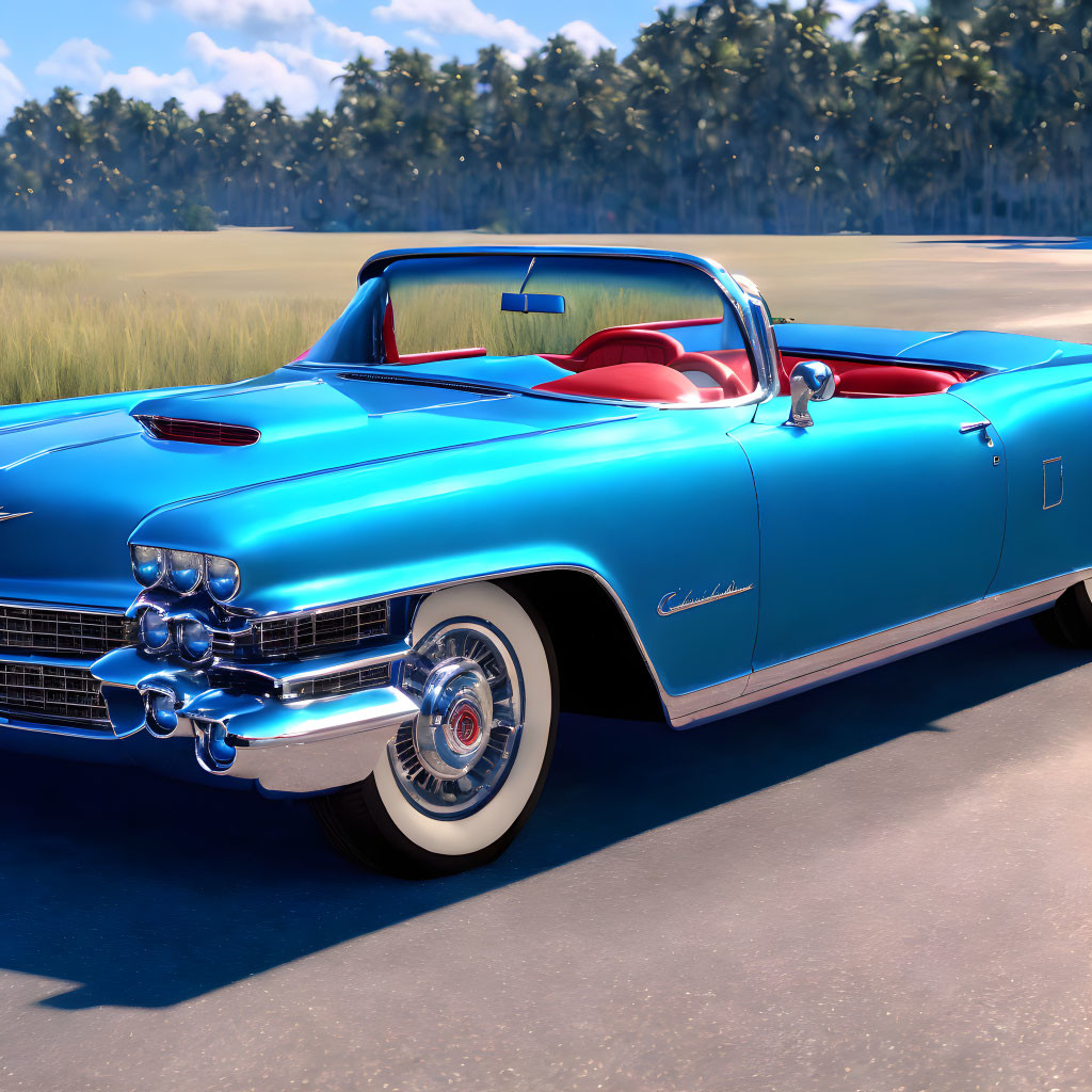 Vintage Blue Convertible Cadillac Parked Among Palm Trees