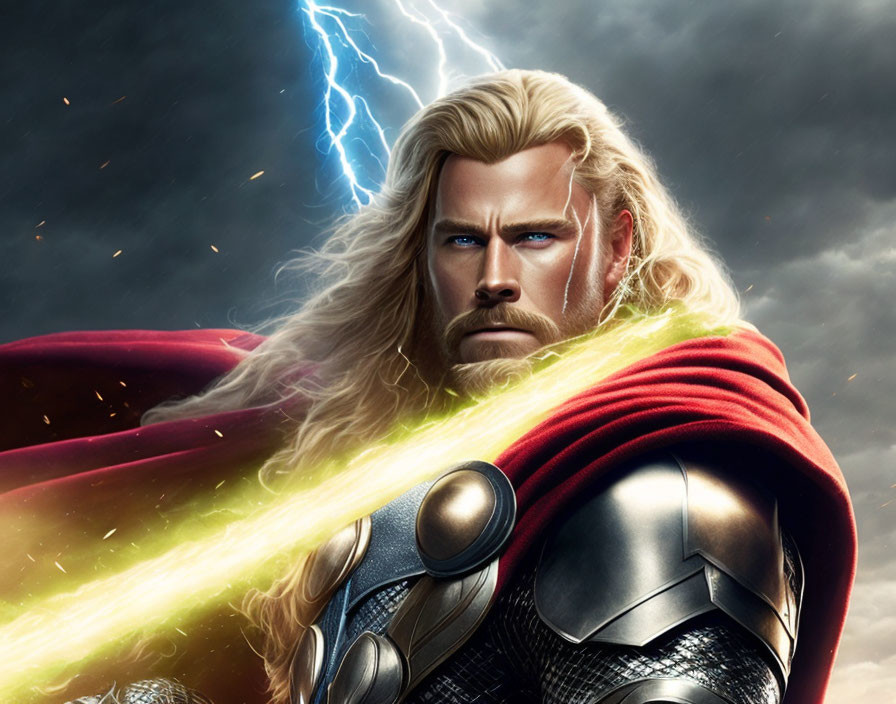 Muscular blond character in red cape and armor with lightning backdrop