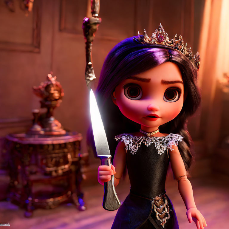 3D animated young girl with crown and sword in dimly lit vintage room