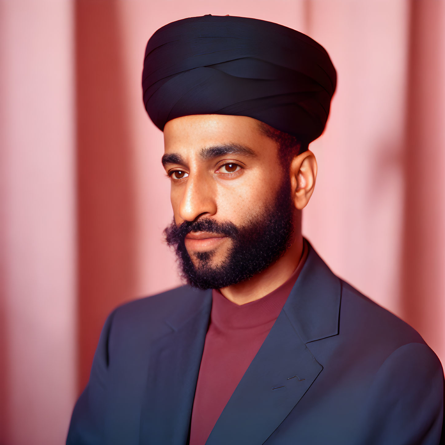 Bearded man in turban and suit on pink backdrop