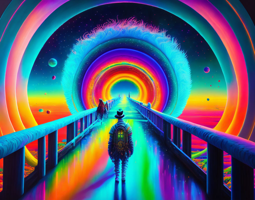 Colorful Psychedelic Tunnel Leading to Sunset Horizon with Silhouettes