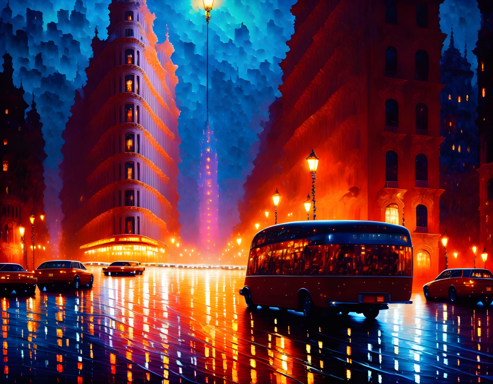 Surreal cityscape at night with neon lights and Pagoda-like tower