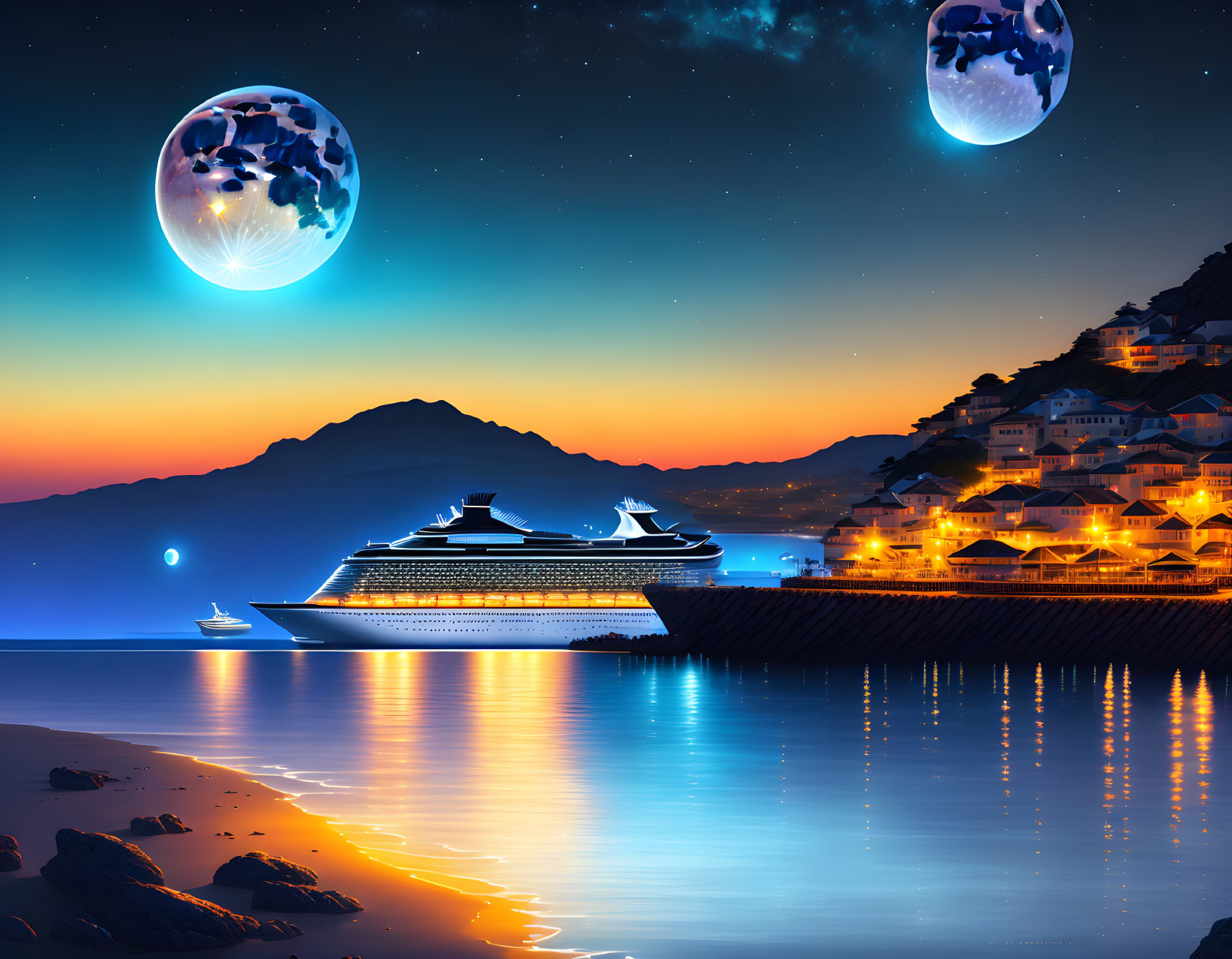 Coastal twilight scene with cruise ship, illuminated buildings, small boat, and fantastical orbs