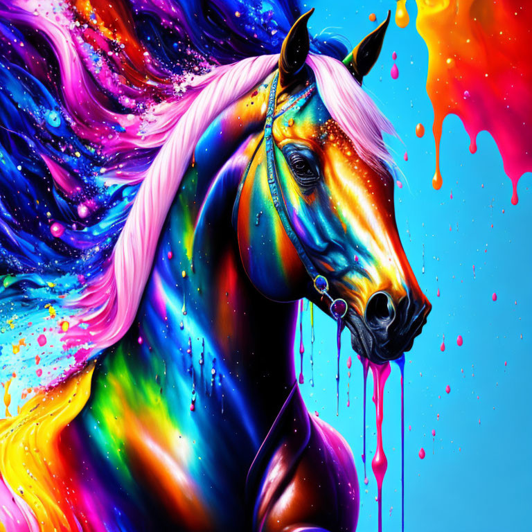 Colorful Horse Artwork with Neon Paint Splashes on Blue Background