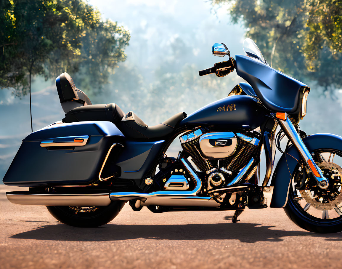 Blue Touring Motorcycle with Hard-Shell Saddlebags on Asphalt Road Among Trees