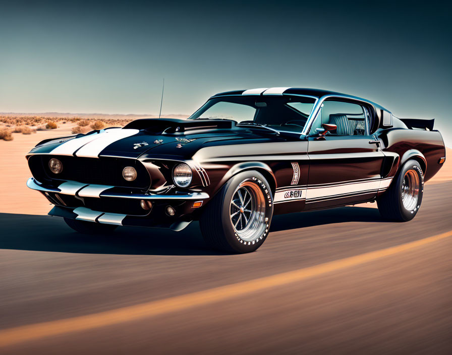 Vintage Black Shelby Mustang GT500 Speeding in Sunlit Desert