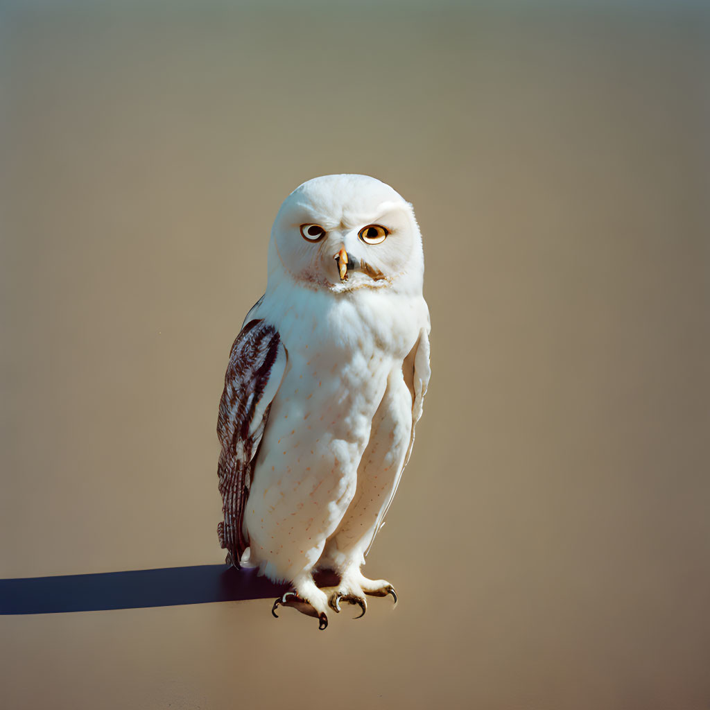 Snowy Owl with Yellow Eyes Perched on Ledge against Beige Background