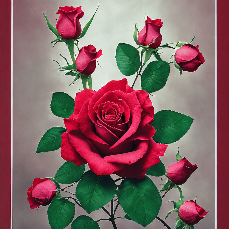 Red Roses Bouquet with Large Blooming Flower on Gray Background