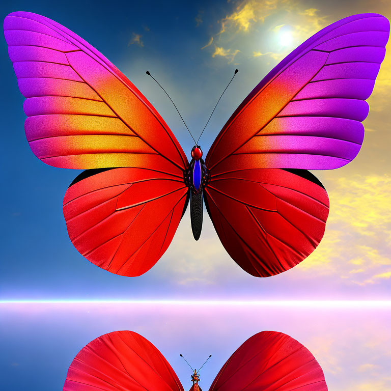 Colorful Butterfly Wings Reflecting in Dramatic Sky and Serene Water