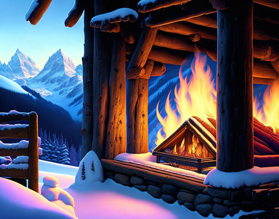 Winter Twilight: Cozy Wooden Cabin and Snowy Mountains