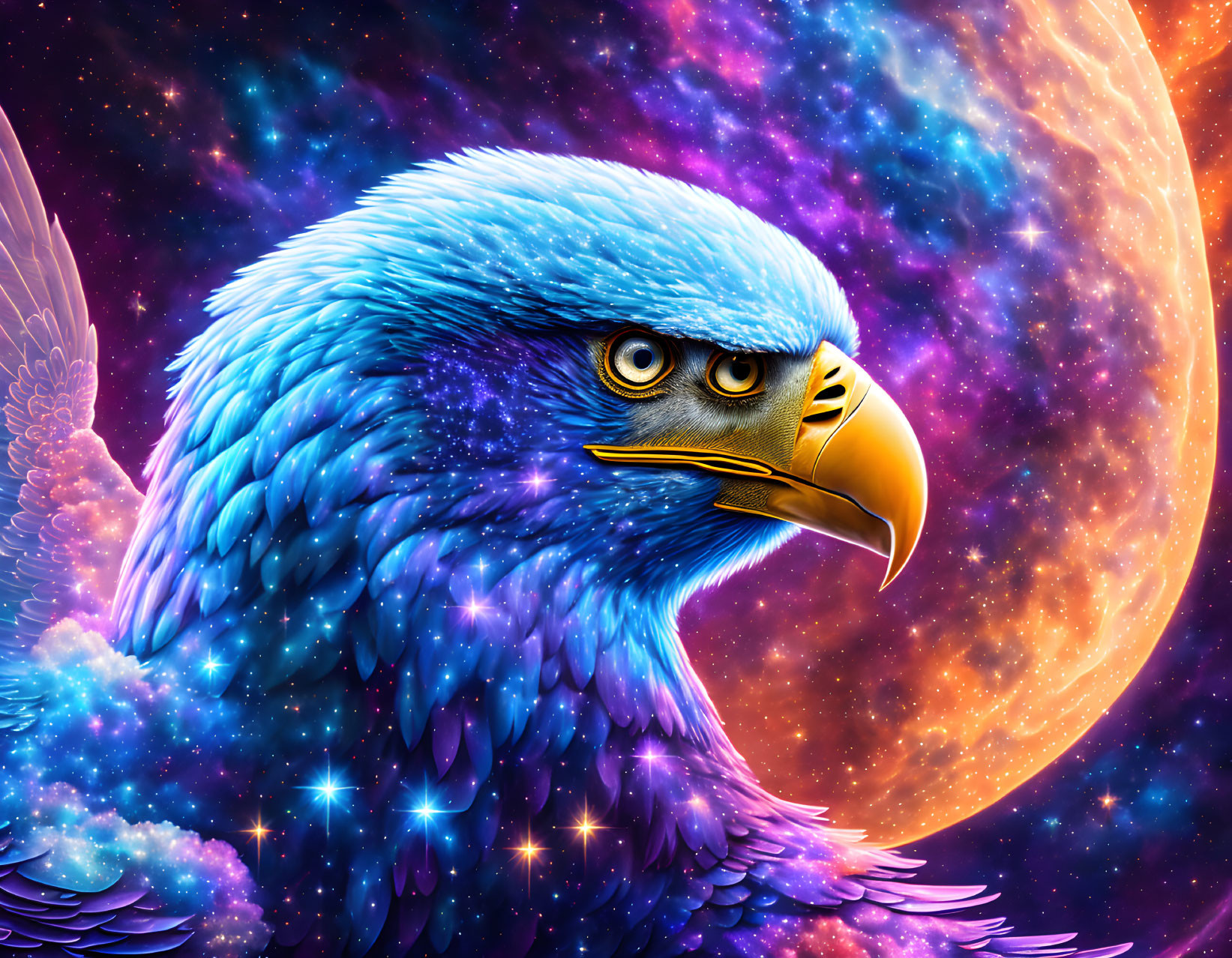 Majestic blue eagle in cosmic setting with stars and celestial bodies