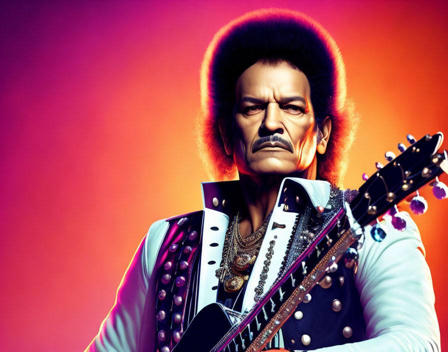 Male character with afro, mustache, sideburns playing multi-neck guitar on vibrant background