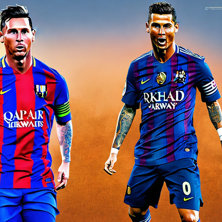 Soccer players in Barcelona and PSG jerseys on orange background