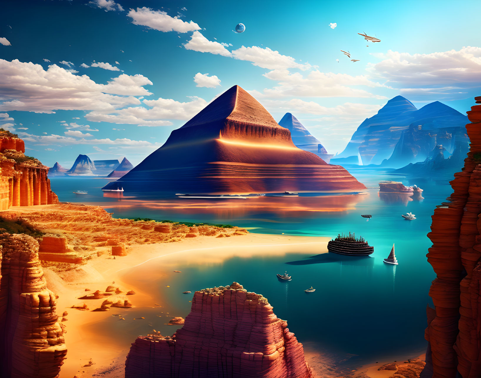 Surreal landscape with pyramid-like mountains and futuristic elements