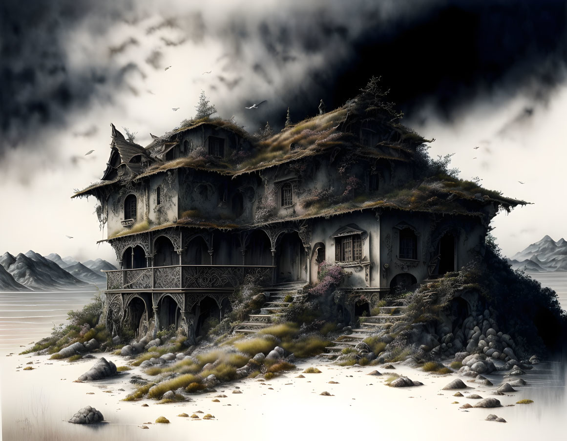 Abandoned mansion in desolate landscape under cloudy sky