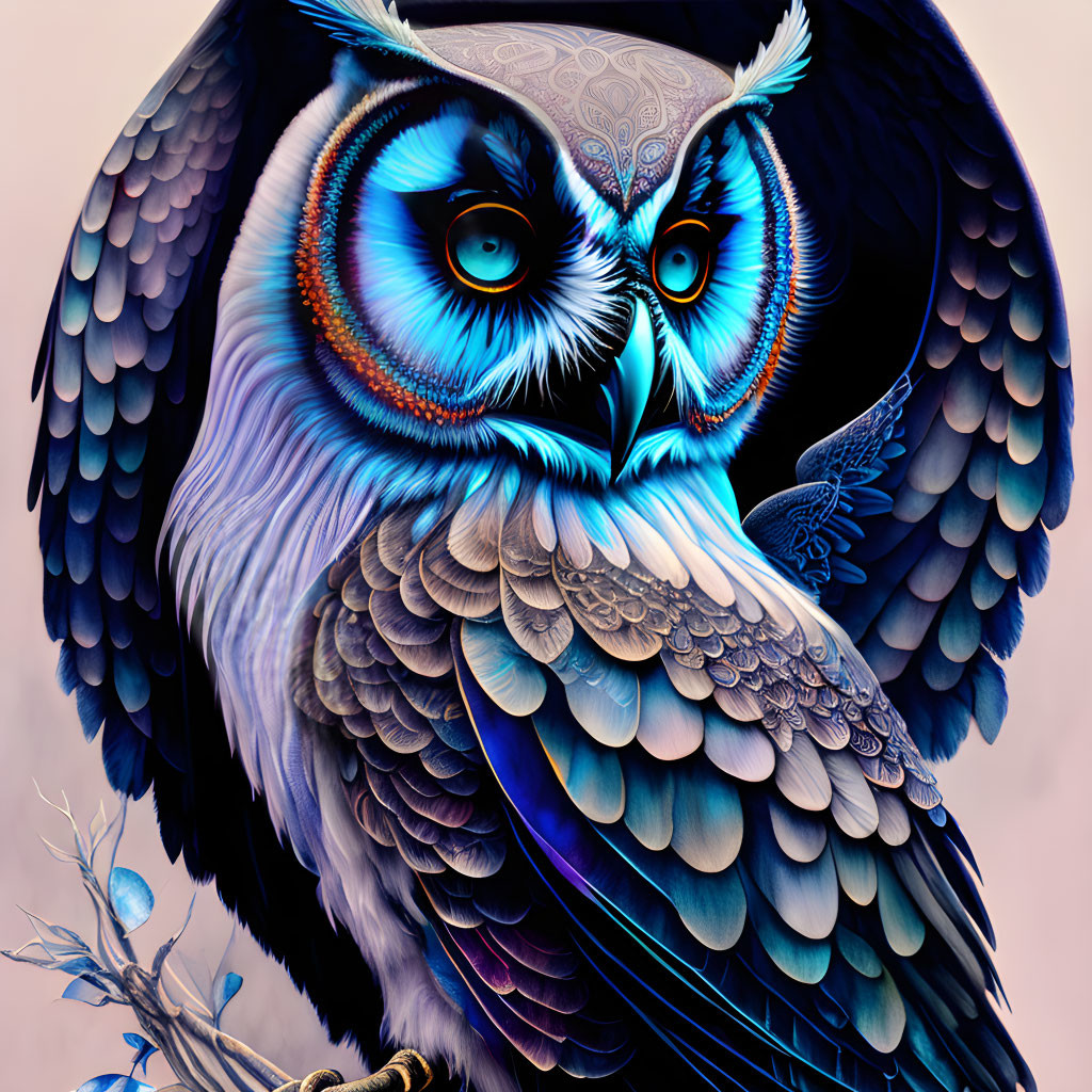 Colorful digital art: Owl with intricate features in blue hues & orange accents