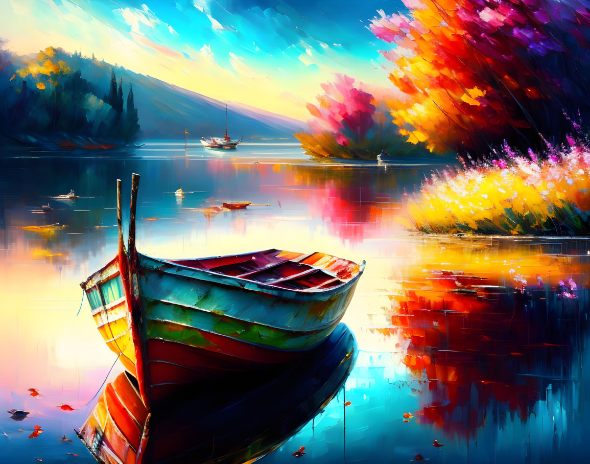 Colorful boat on serene lake with autumn trees and sunset sky