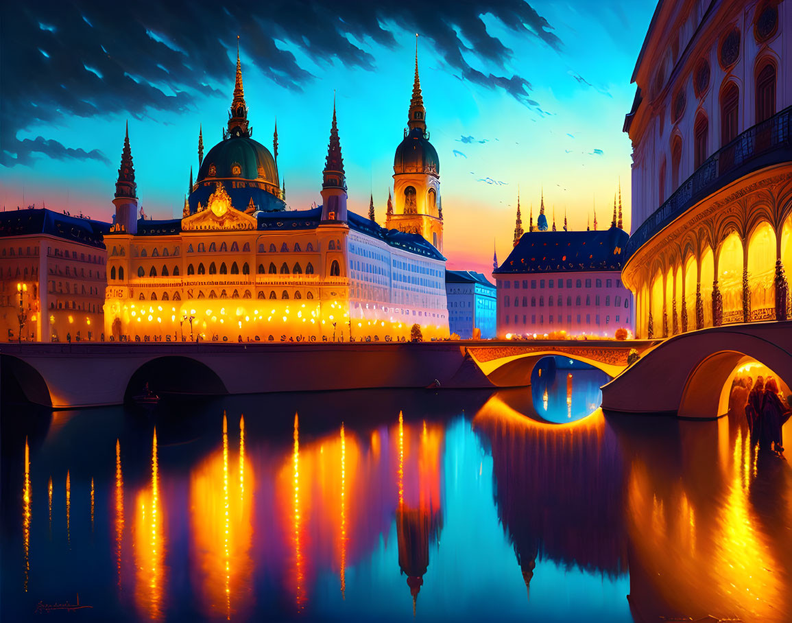 Cityscape with illuminated buildings, bridge, and spires reflected in calm water at twilight