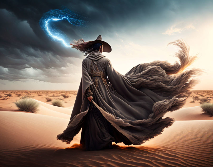 Cloaked figure in desert gazes at mystical blue energy swirl