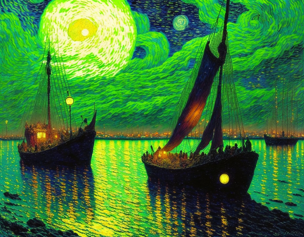 Starry night scene with two sailing ships and swirling sky patterns