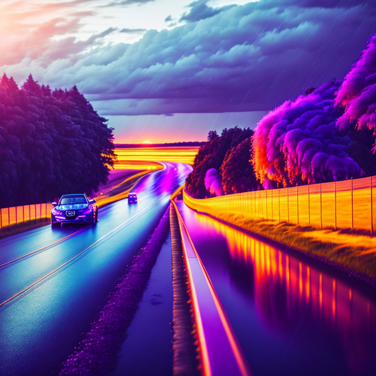 Vibrant highway scene at dusk with stormy sky