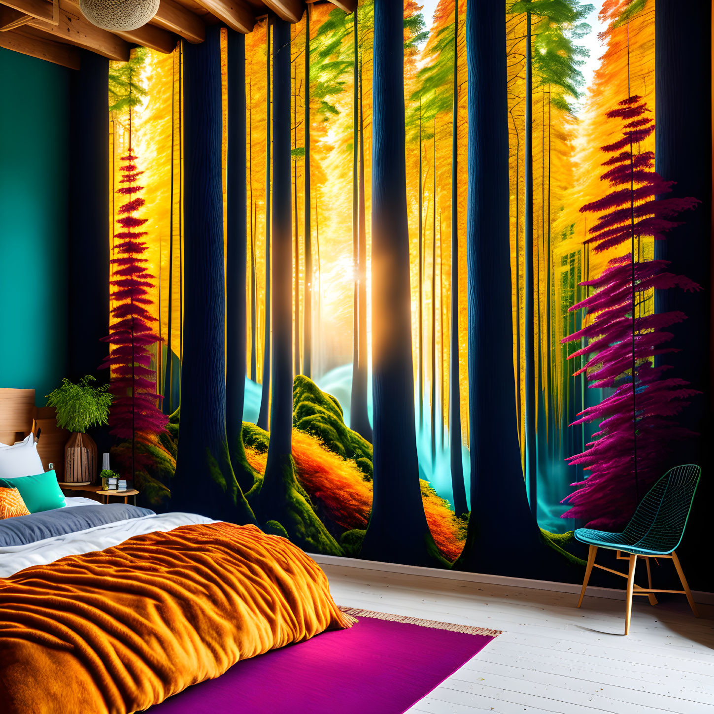 Forest-themed wall mural in vibrant bedroom with modern furniture