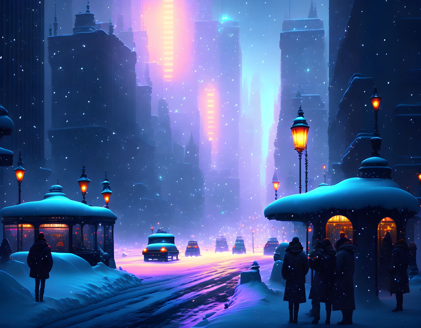 Snowy City Night Scene with Illuminated Buildings, Streetlights, Cars, and People