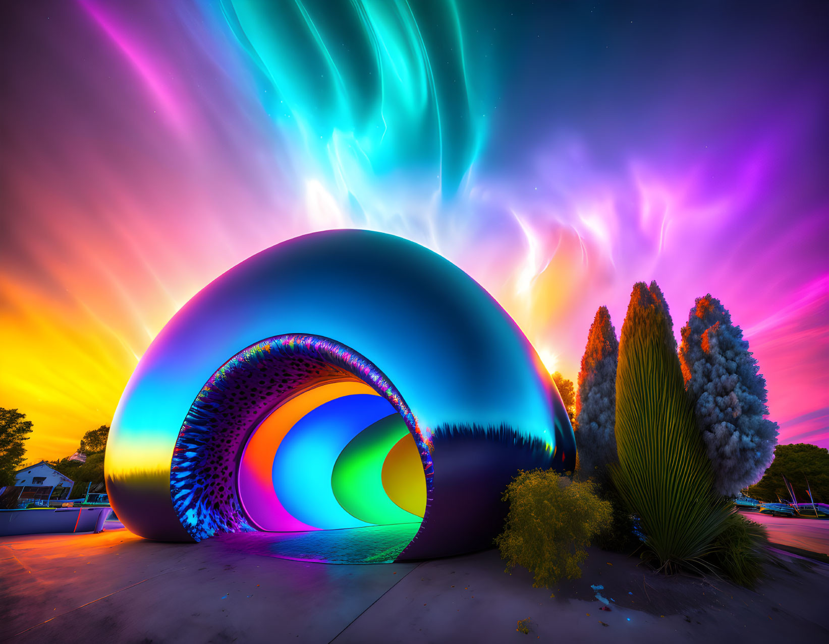 Colorful Nested Arches Under Neon Aurora Borealis Sky