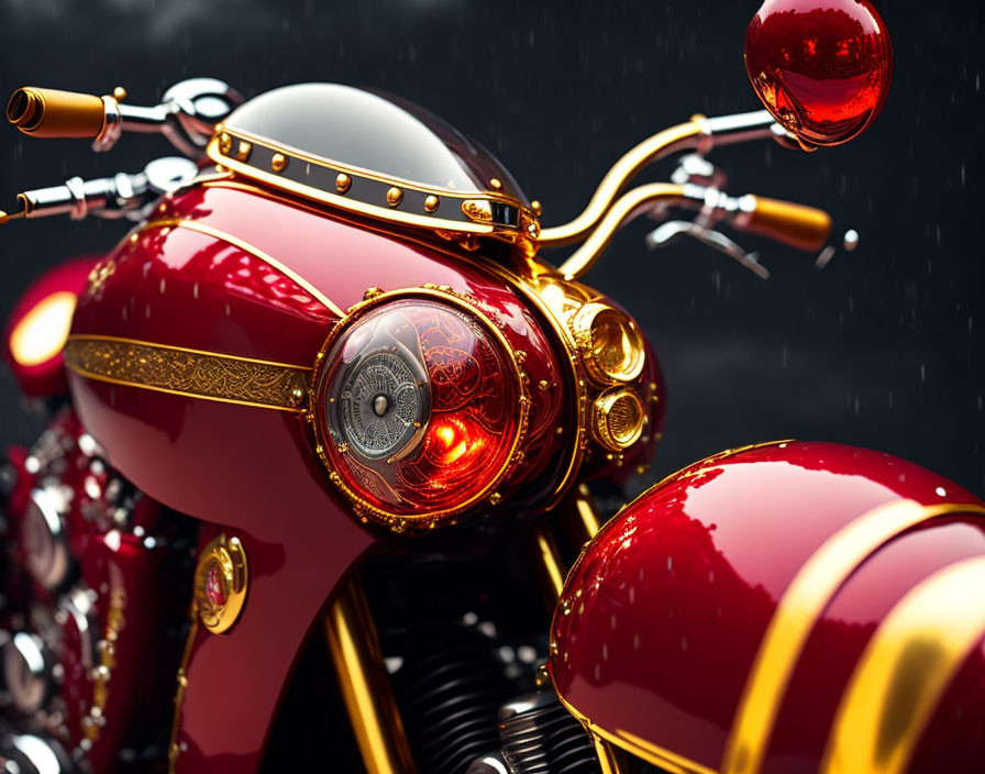 Luxurious Retro-Futuristic Motorcycle in Glossy Red and Gold