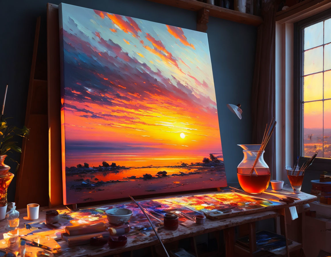 Sunset beach painting in artist's studio with cozy ambiance