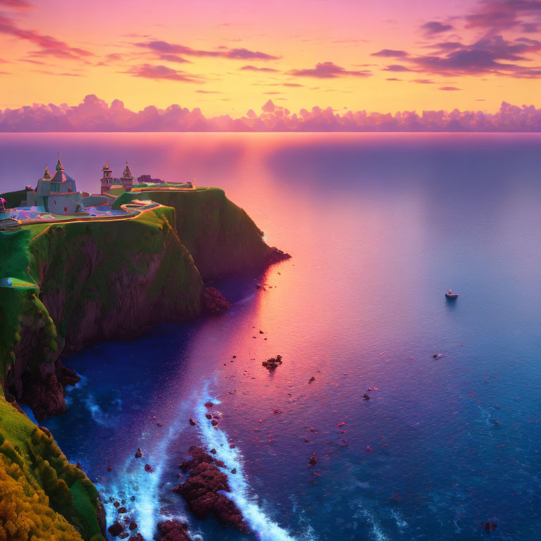 Scenic sunset coastline with church, purple sea, cliffs, and boat