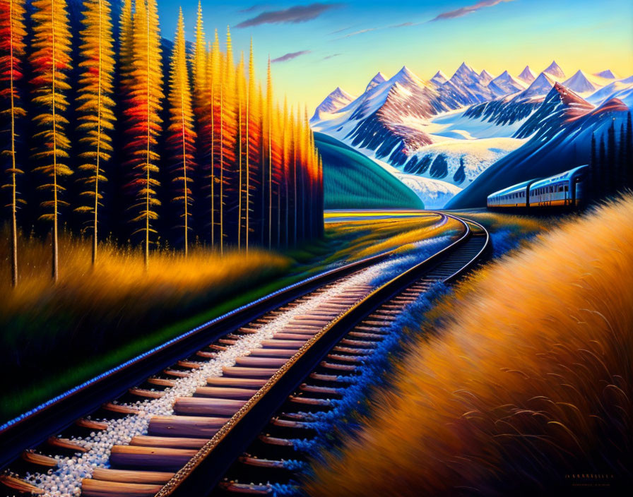 Colorful painting of a train on railroad tracks in vibrant landscape