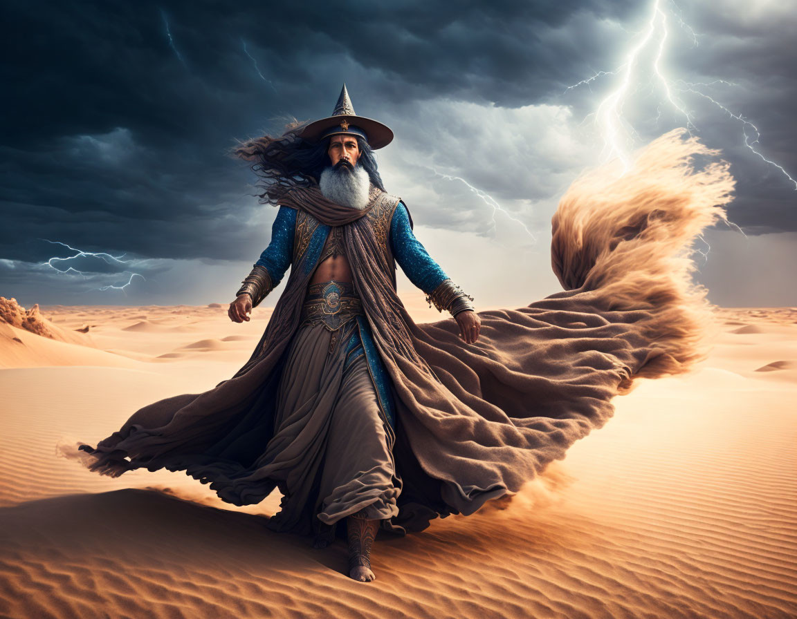 Bearded wizard in costume on desert sands under stormy sky