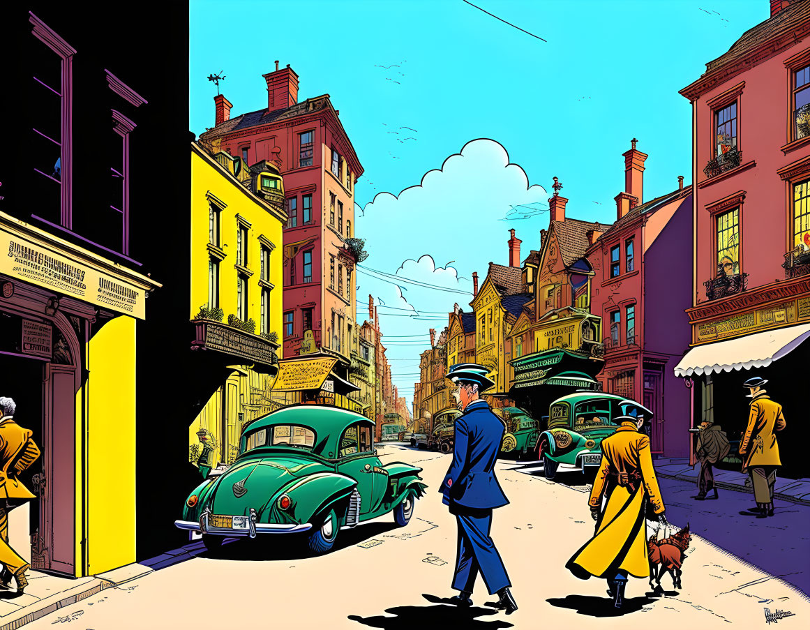 Vintage street scene illustration with classic cars, people, and old buildings