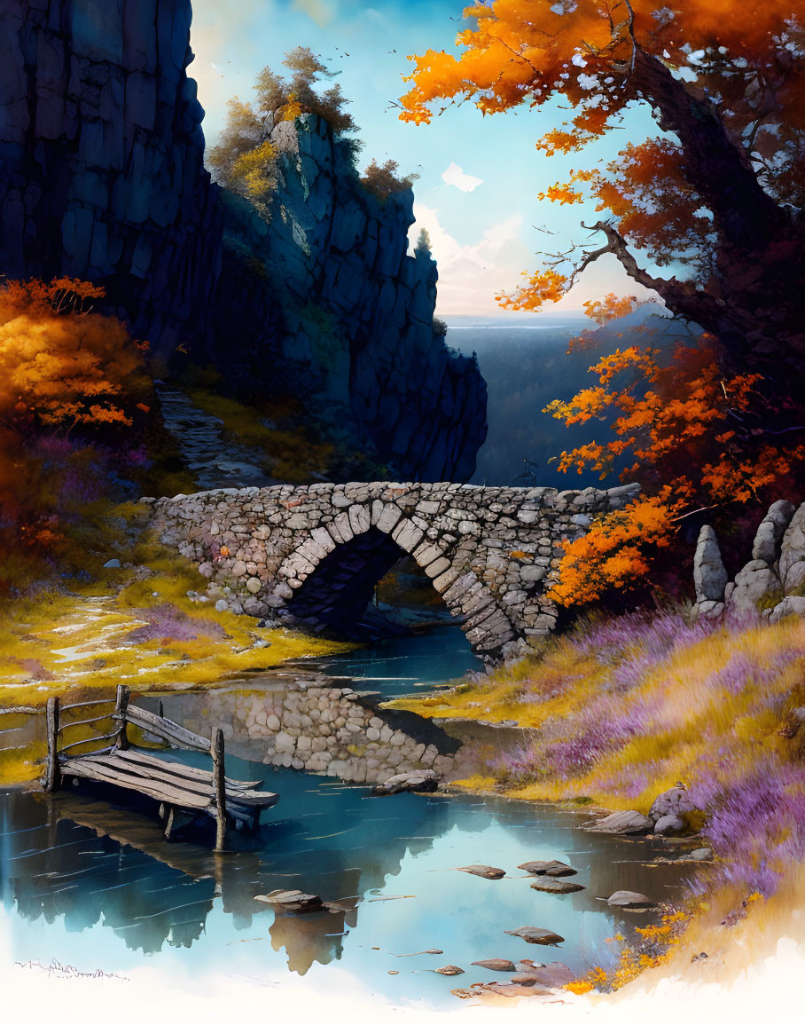 Tranquil autumn landscape with stone bridge, colorful foliage, and clear blue sky