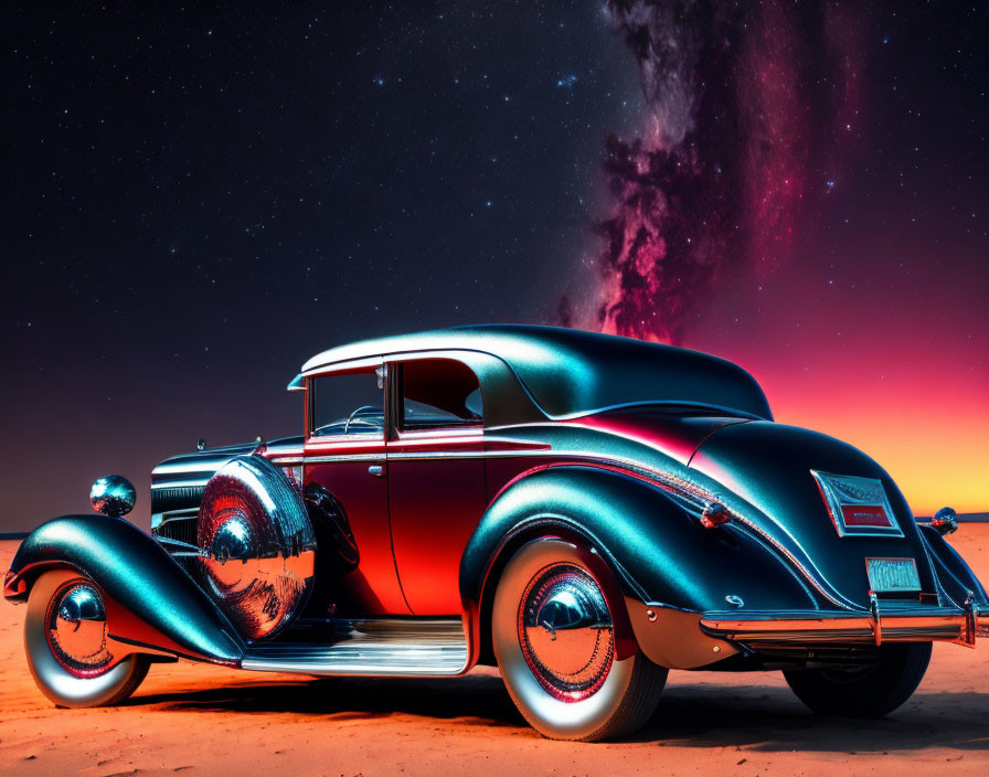 Classic Car Under Starry Sky with Milky Way and Dusk Horizon Blend