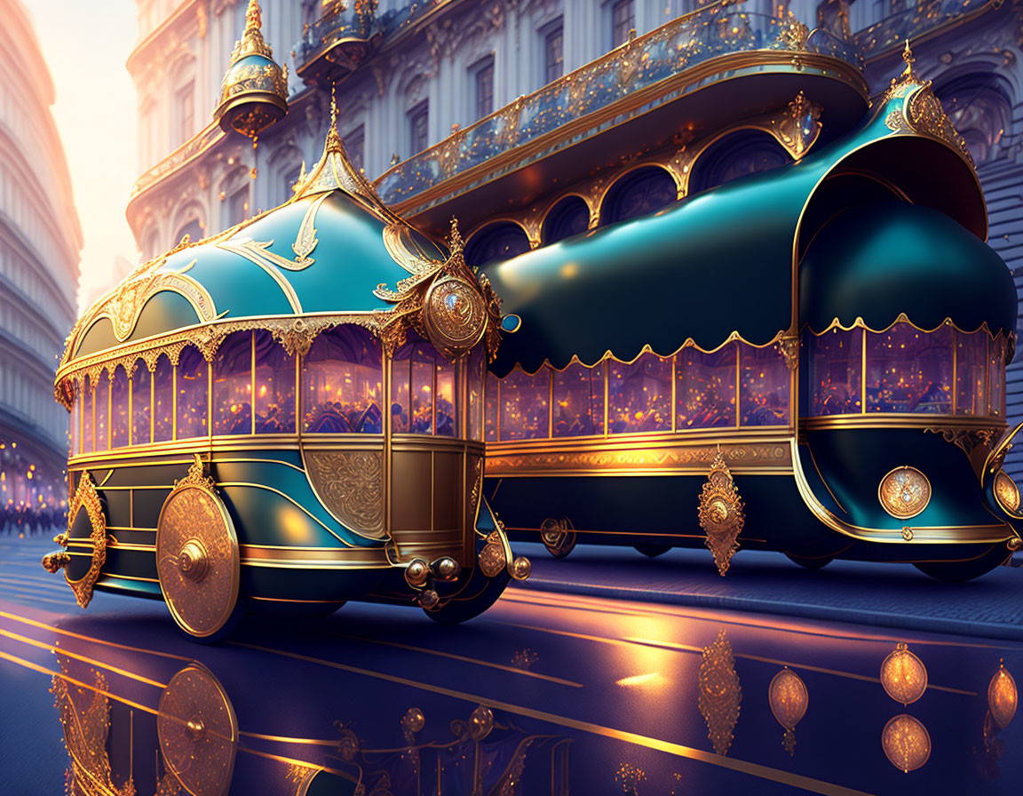 Ornate Fantastical Carriage with Golden Embellishments in Luminous Dusk Street