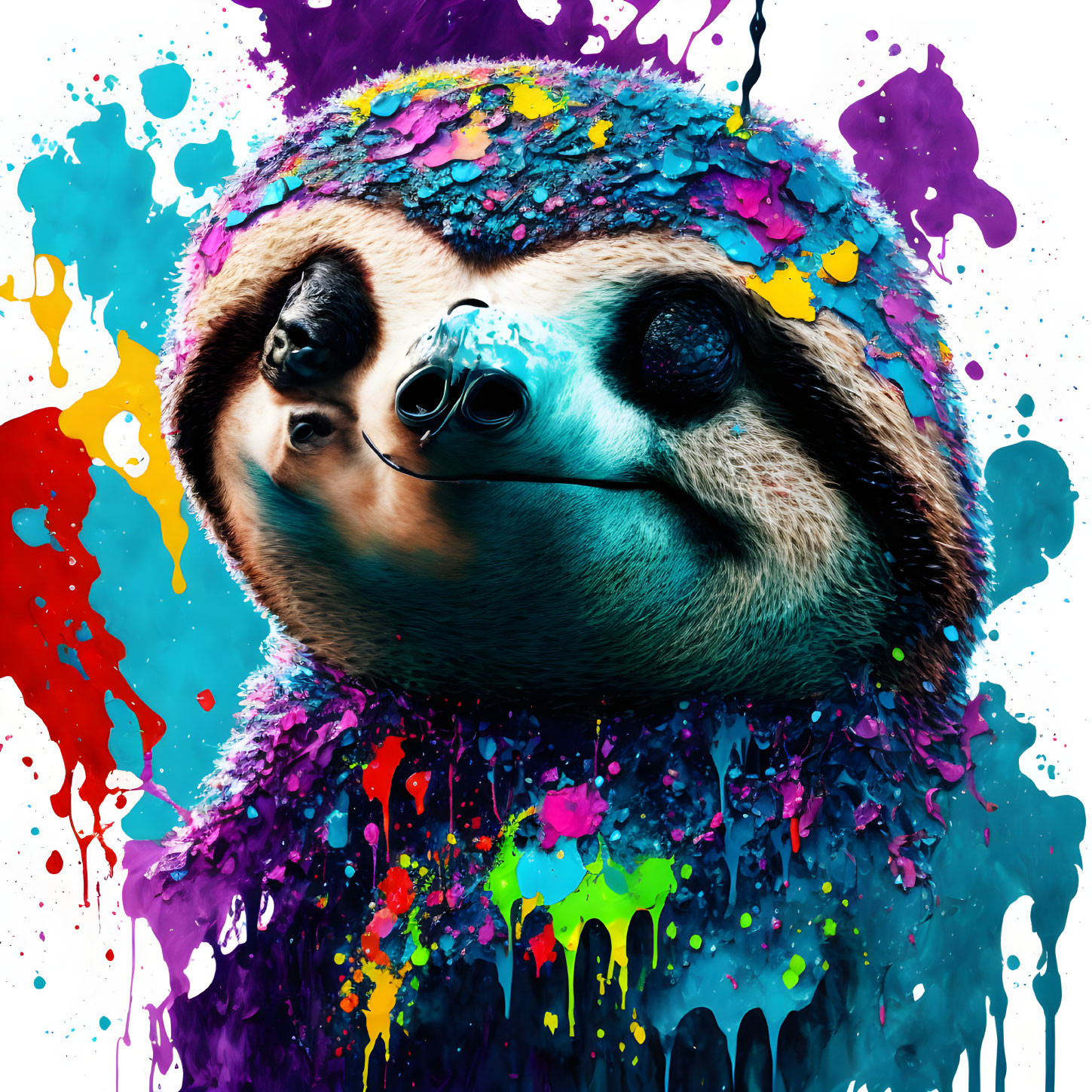 Colorful Digital Artwork: Sloth's Face with Abstract Paint Splashes